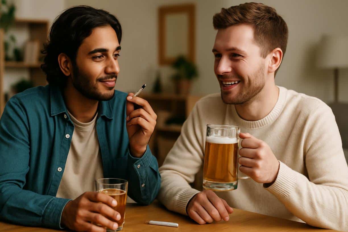 Two friends debating smoking weed and drinking at a party