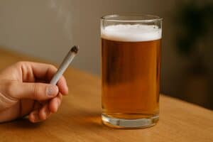 Hand holding a joint next to a beer glass showing smoking weed and drinking together