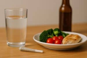 Healthy food and water beside cannabis and beer representing safe smoking weed and drinking habits