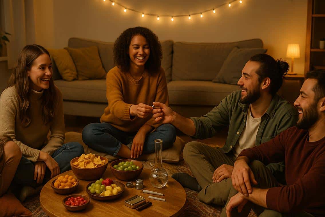 Cozy living room setup for cannabis party ideas with snacks, weed station, and relaxed friends