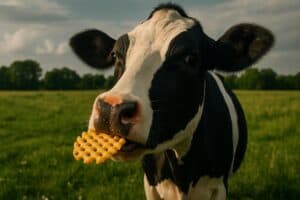 a dairy cow holding a waffle fry, representing chick-fil-a's amazing fast food fries for stoners