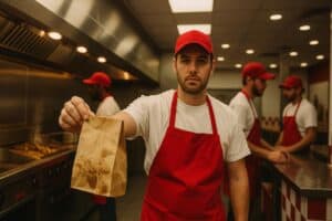 five guys worker holding out a bag of fries