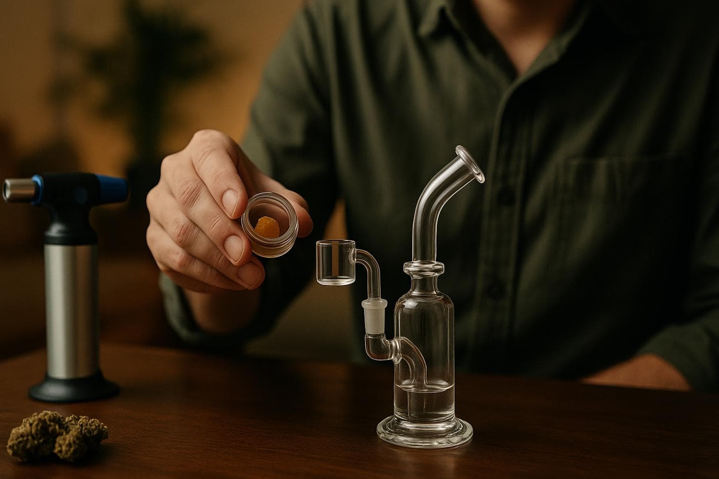 a new dabber with all his gear and a large ball of concentrate, highlighting the need to know first-time dabber mistakes