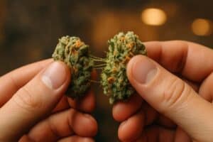 Hands breaking open a dense cannabis bud with sticky resin strands stretching between the pieces.
