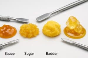 Photorealistic examples of live resin sauce, sugar, badder, and diamonds