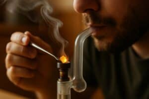 Photorealistic image of live resin being dabbed with a rig