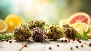 cannabis nugs and citrus fruits representing cannabinoids and terpenes that help digestion