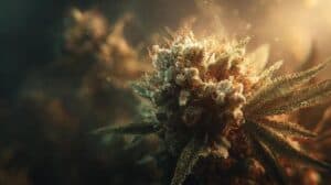 Close-up of a cannabis bud coated in glistening trichomes under warm lighting, highlighting its resin-rich texture. This image relates to CBG (cannabigerol).