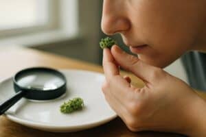 person smelling and examining cannabis bud closely to identify laced weed