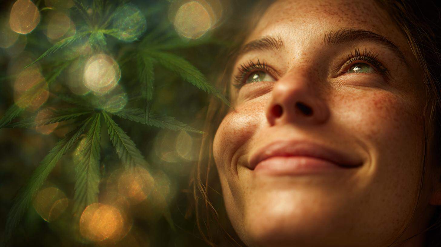 Close-up of a smiling woman looking upward beside a glowing cannabis leaf, symbolizing the link between cannabis and dopamine release.