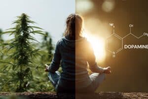 Woman meditating beside a cannabis plant with the dopamine molecule diagram, symbolizing cannabis’s connection to dopamine and relaxation.