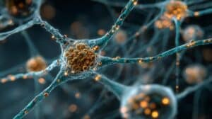Artistic close-up of brain neurons with glowing THC receptors showing how cannabis affects dopamine activity in the brain.