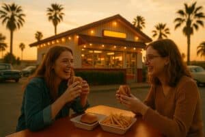 Two friends eating burgers and fries outside a retro diner at sunset, capturing the vibe of stoner-friendly fast food menus.