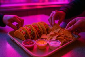 Tray of tacos, chips, and dipping sauces under neon lights, representing late-night stoner-friendly fast food cravings.