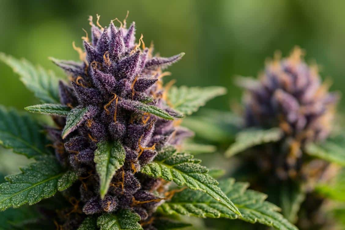 Close-up of colorful cannabis buds showing trichomes and flavonoids in cannabis under natural light.
