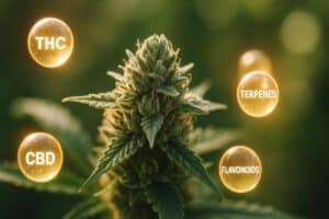 Cannabis flower surrounded by glowing molecular shapes representing THC, terpenes, and flavonoids in cannabis working together.