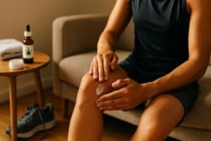 athlete applying CBD cream as part of cannabis exercise recovery routine