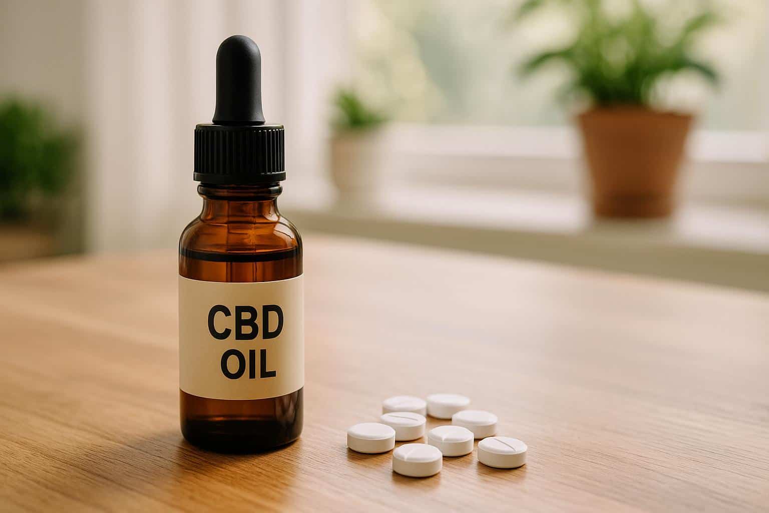 CBD oil for pain beside over-the-counter painkillers on a counter