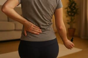 Person massaging back while holding CBD oil for pain