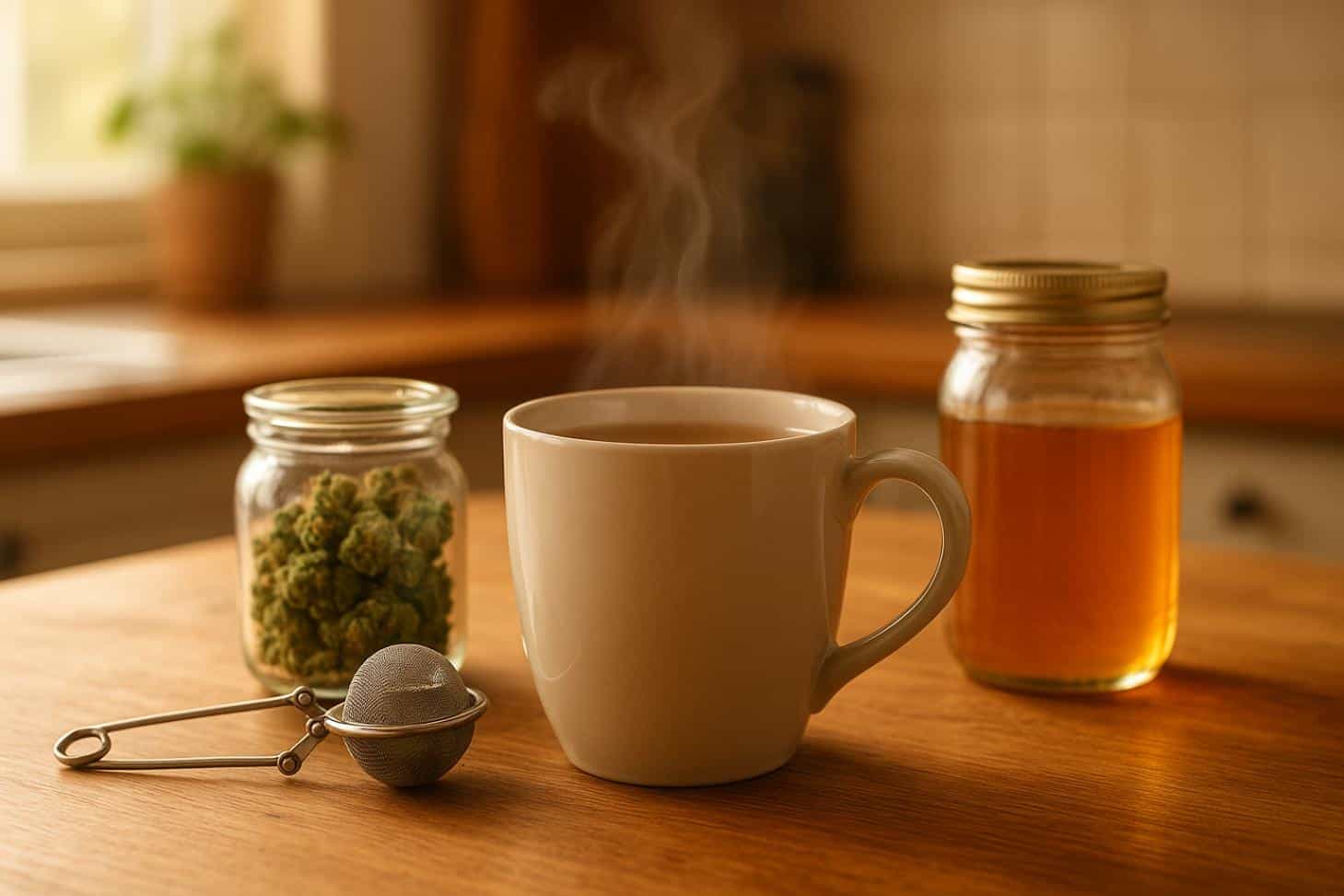 Photo-realistic image showing how to make weed tea in a cozy kitchen setting