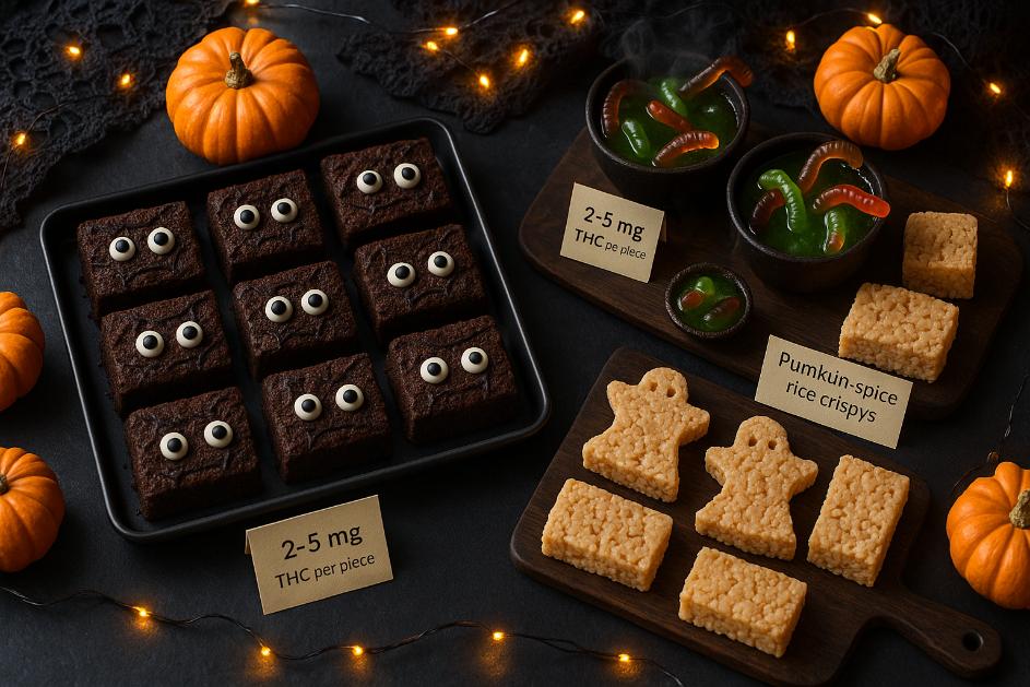 Halloween cannabis snack recipes party spread with spooky brownies, gummy cauldrons, and pumpkin-spice crispy treats on a decorated table