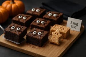 spooky brownies decorated with candy eyes and chocolate webbing on a wooden board, one brownie lifted on a metal spatula to show fudgy texture; mini pumpkins, black napkin, and a “5 mg THC” tent card in background.