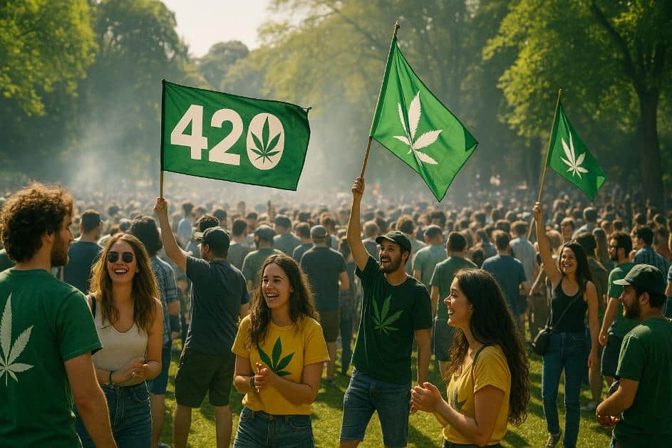 Crowd celebrating 4/20 cannabis holiday in a park