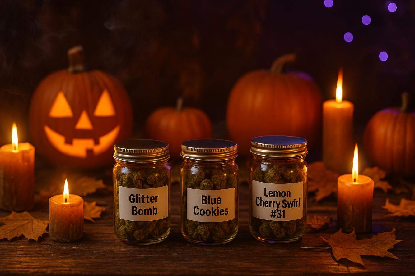 best Halloween cannabis strains displayed with pumpkins, cannabis jars, and festive Halloween décor