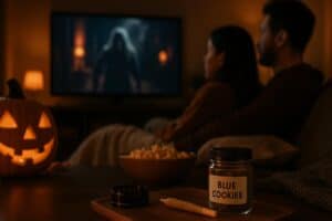 person enjoying the best Halloween cannabis strains while watching a scary movie with Blue Cookies on the table
