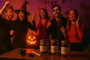 party scene with people enjoying the best Halloween cannabis strains like Glitter Bomb during a festive Halloween celebration