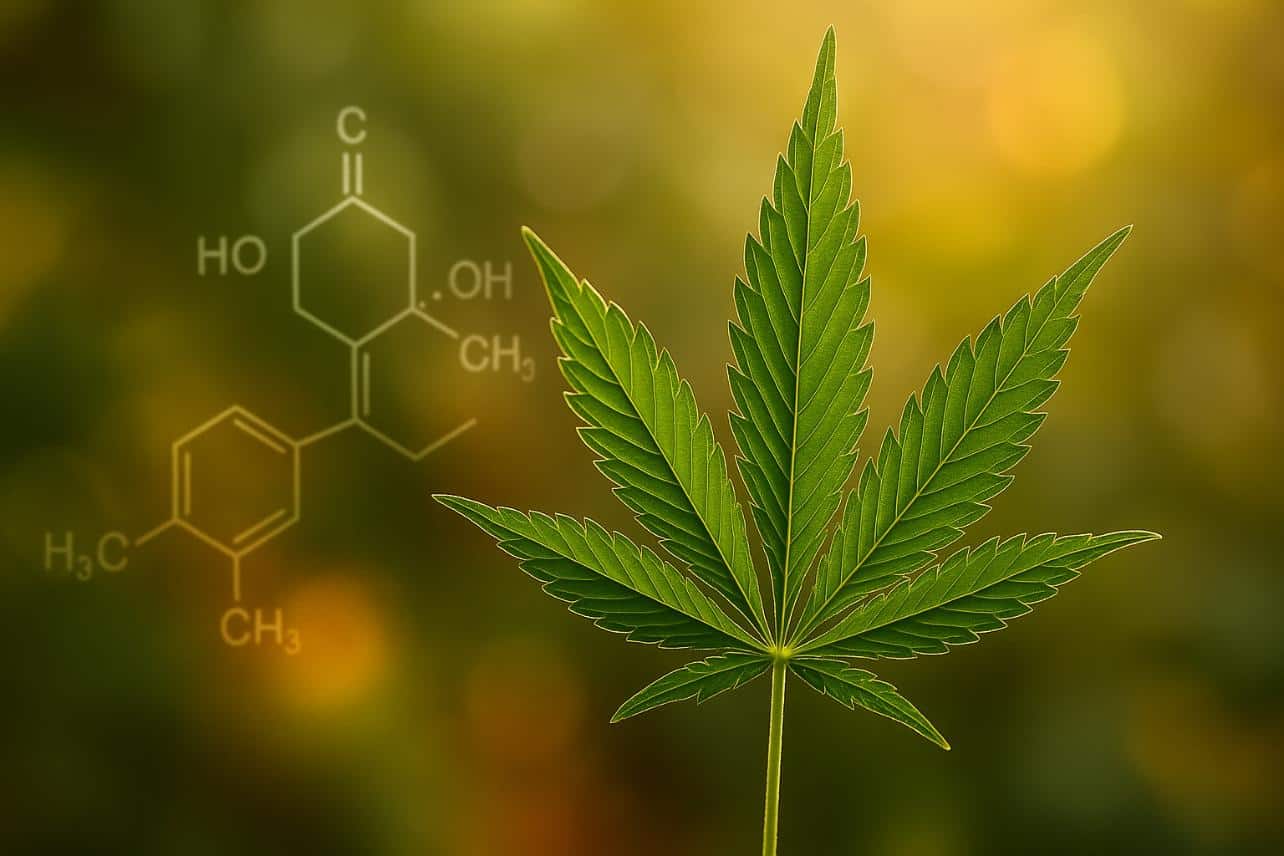 what is CBC cannabinoid molecule close-up with cannabis leaf