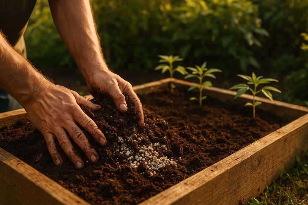 prepping your soil for cannabis in outdoor garden bed with compost and seedlings