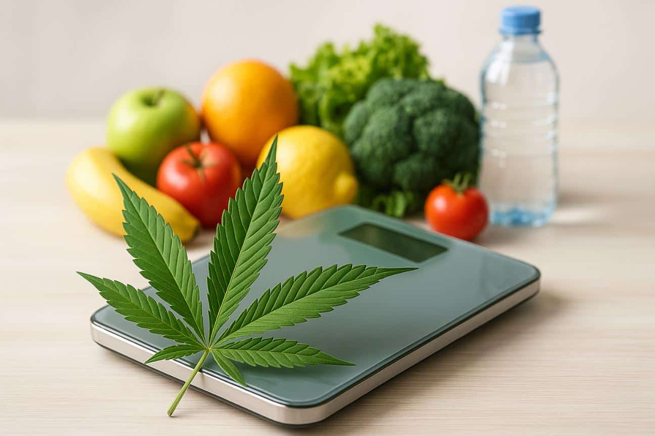 cannabis leaf beside a scale and fresh produce symbolizing metabolism and weight management