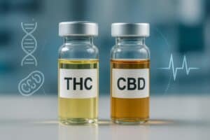 macro shot of THC and CBD molecules with human metabolism icons in background