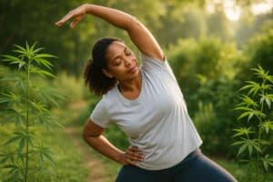 image of a person stretching outdoors near cannabis plants, symbolizing healthy lifestyle and weight balance