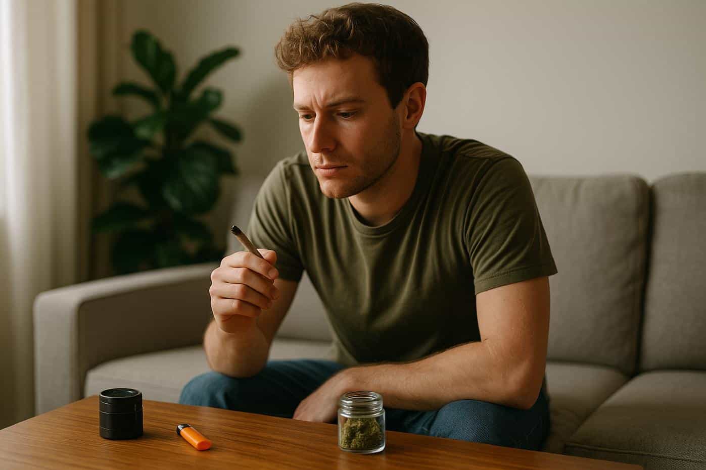 A person reflecting while holding a joint, symbolizing the effects of weed tolerance and decreased cannabis sensitivity.