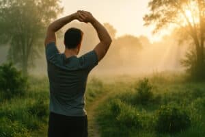 Person walking through morning light representing natural recovery and balance during a cannabis tolerance break.