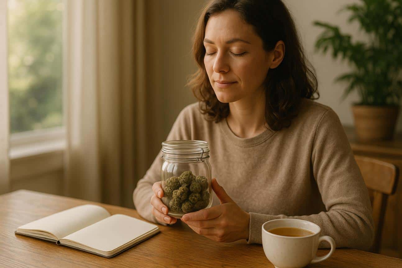 Person relaxing with a calm expression and cannabis jar nearby, representing the best weed strain for anxiety relief