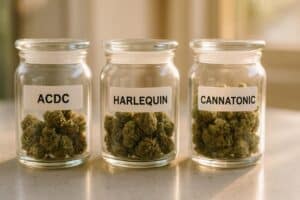 Cannabis jars labeled ACDC, Harlequin, and Cannatonic — popular weed strains for anxiety with high CBD content