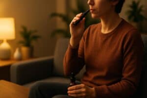 A person in a cozy living room uses a cannabis vape pen while holding a vape cartridge, suggesting calm evening use for anxiety relief.