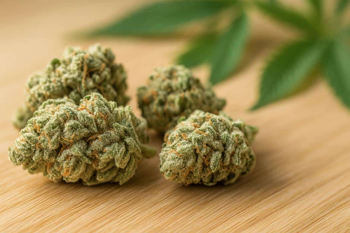 Photo of gentle cannabis buds displayed on a clean table, representing weed strains for beginners.