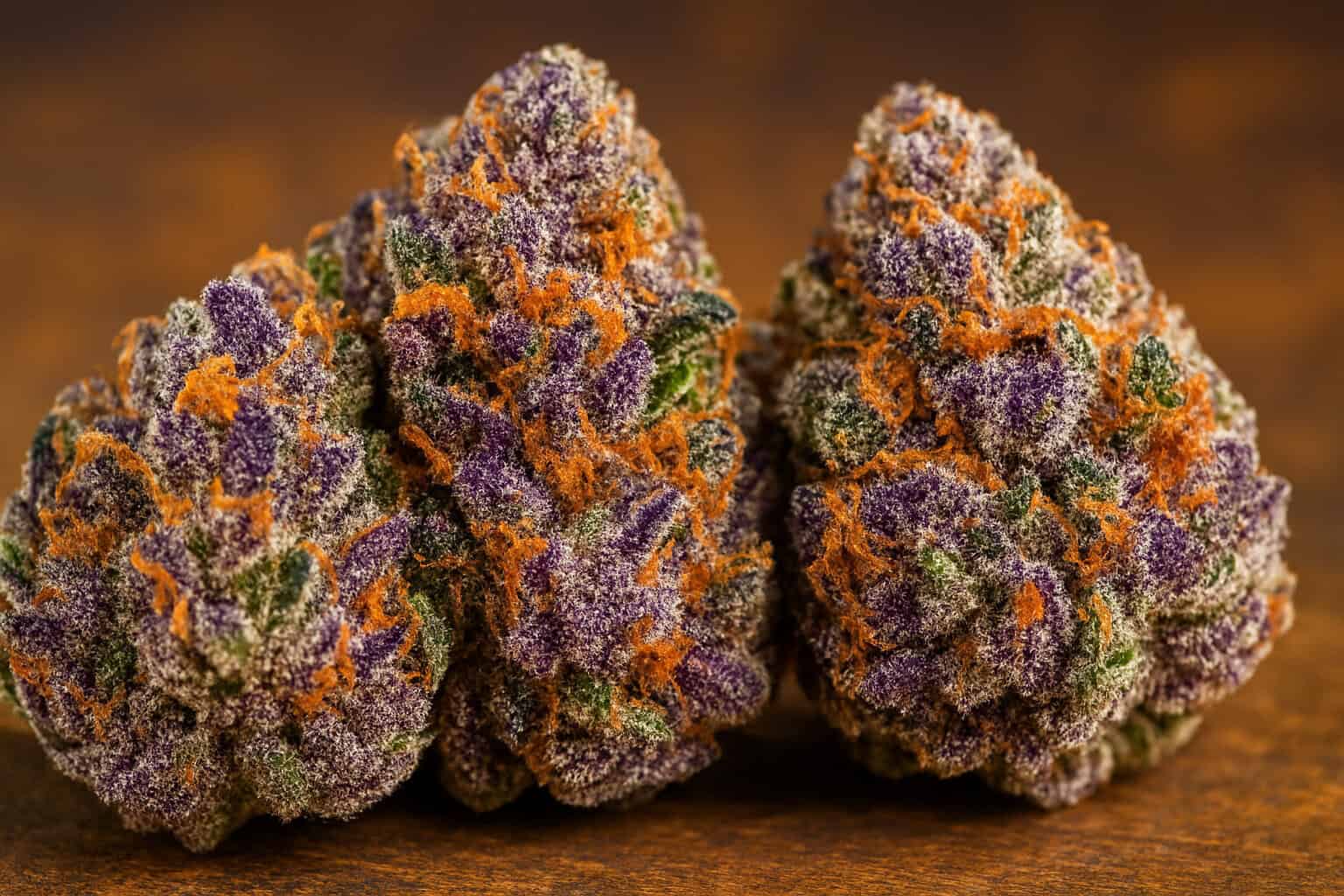 Photo of colorful dessert strains cannabis buds with sugary, frosty trichomes.