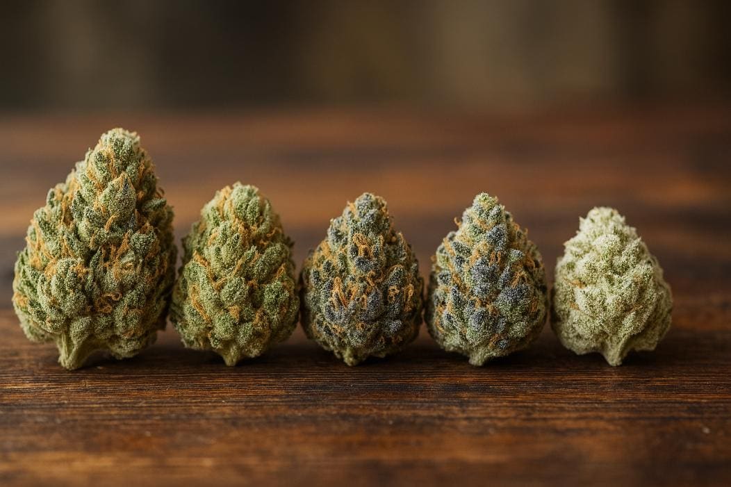 lassic weed strains displayed in a photorealistic lineup of iconic cannabis buds