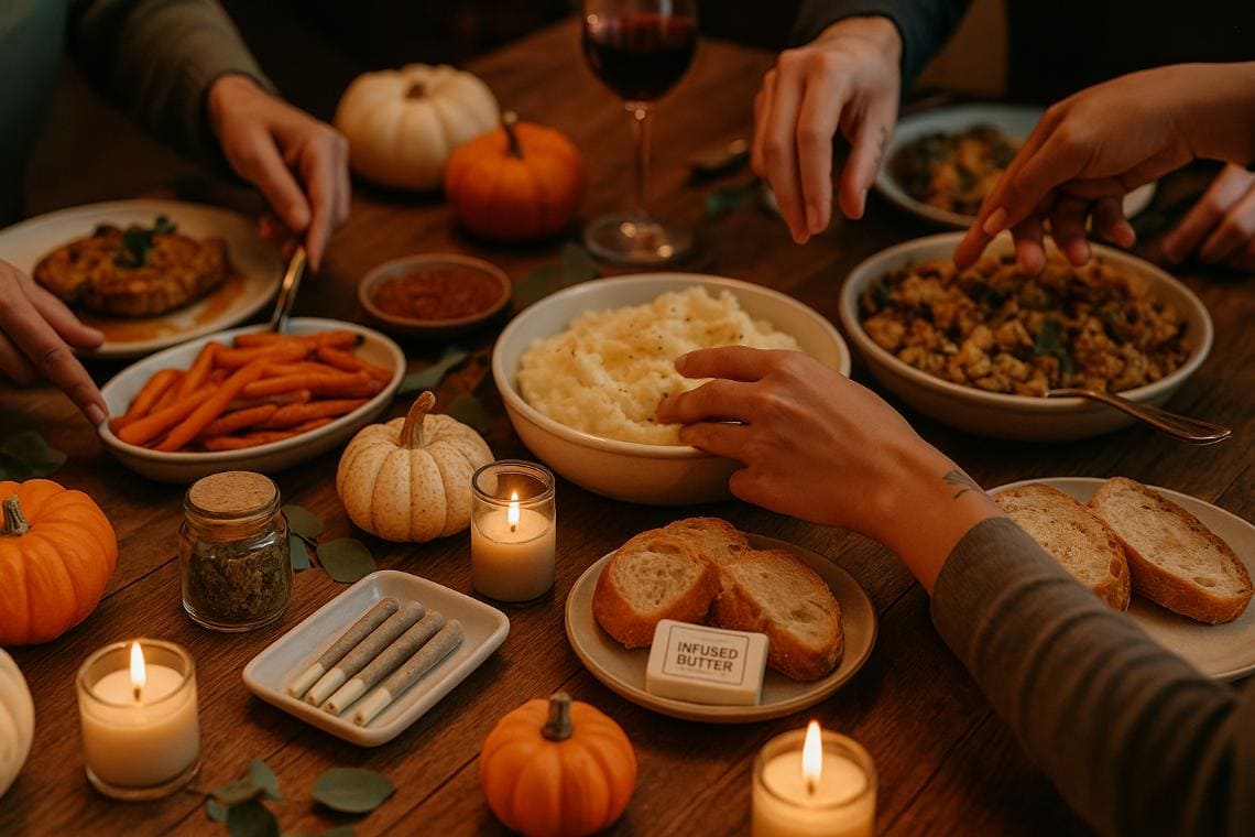 Cozy Friendsgiving cannabis ideas tablescape with fall foods and cannabis products