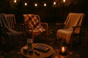 Outdoor sesh setup showing Friendsgiving cannabis ideas with lights and pre-rolls
