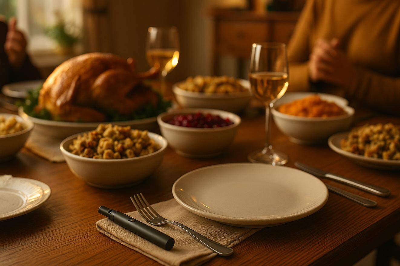 Photo of a Thanksgiving table with subtle cannabis elements to represent cannabis and family holidays