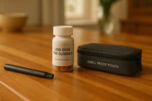 Photo of discreet vape pens and low dose edibles used during cannabis and family holidays