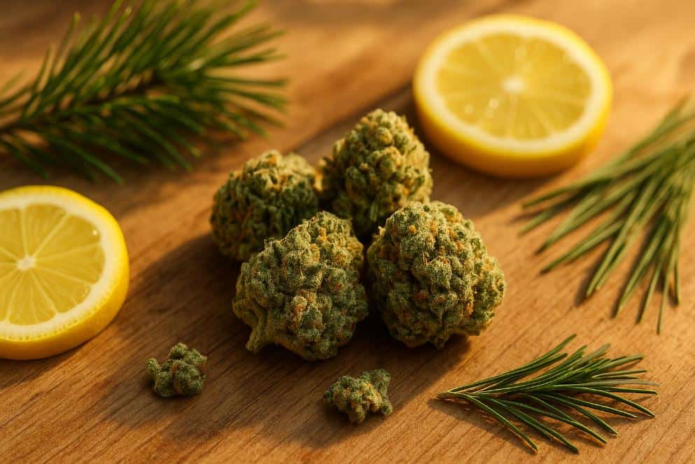 hoto of cannabis buds with bright citrus and pine elements representing mood boosting weed strains