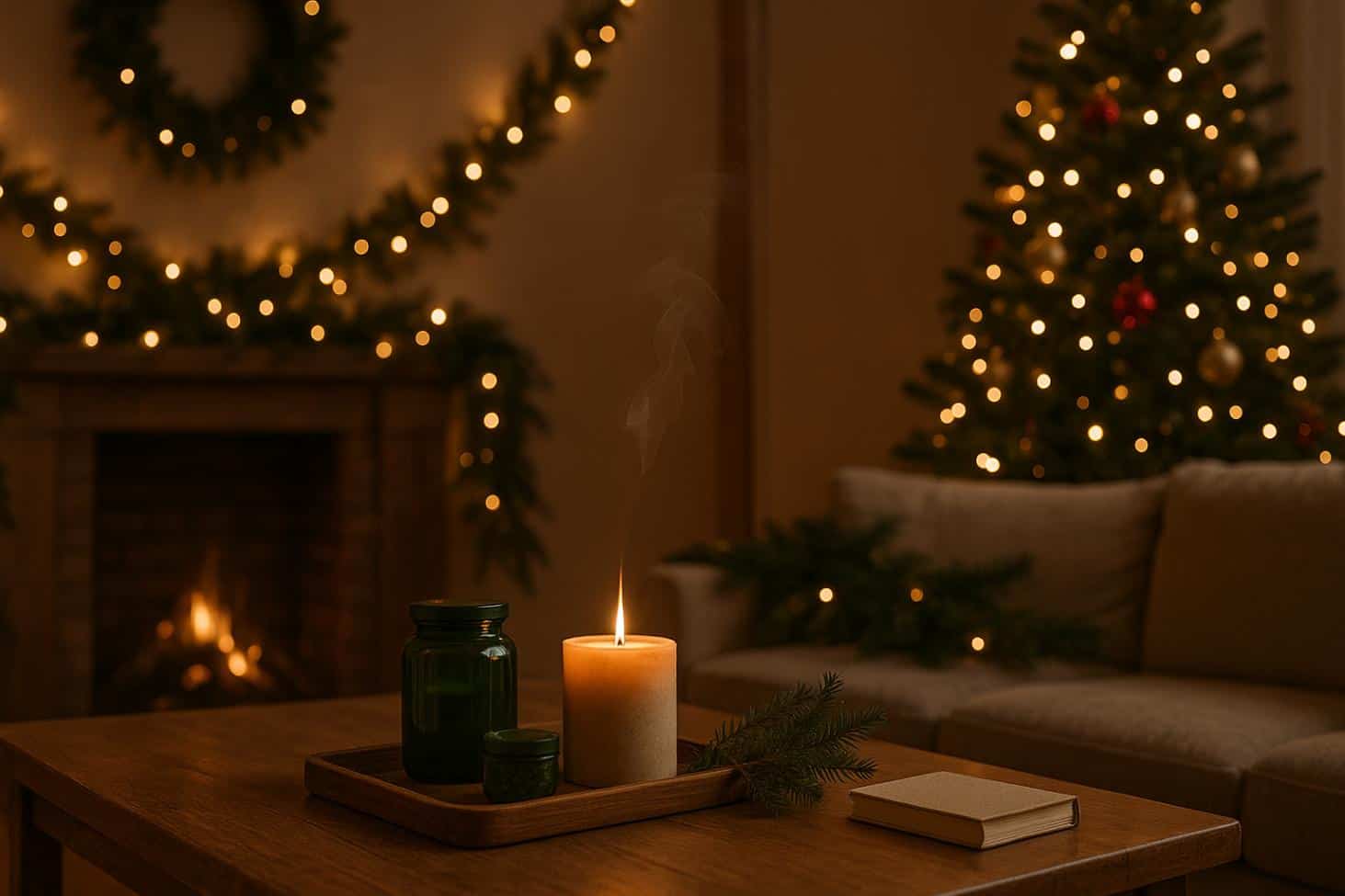 Cozy holiday living room with cannabis Christmas party ideas displayed on a table