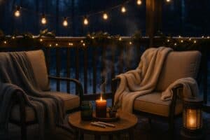 Outdoor patio set up for a cozy cannabis sesh during Christmas with lights and blankets